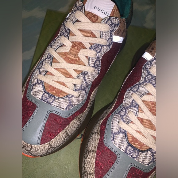 Men's GG Rhyton Low Top Canvas and Leather Sneakers - Picture 2 of 7